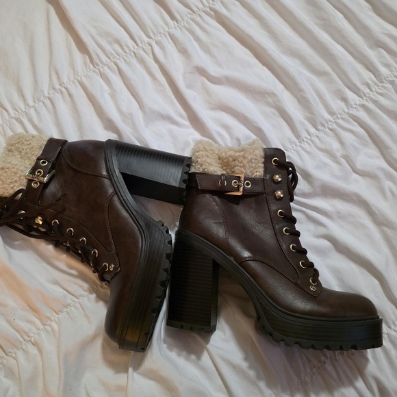 Dark Brown Faux Leather Platform Combat Boots with Shearling Trim and Block Heel - Picture 4 of 16